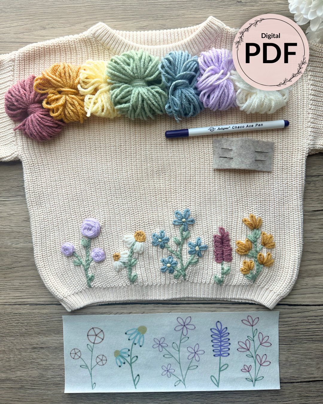Wildflower Blanket, Sweater, and Floral Embroidery Patterns (Digital Download)